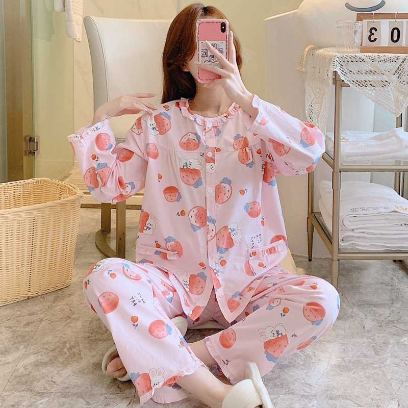 纯棉睡衣女春秋长袖梭织棉布家居服全棉套装夏薄款大码小个子网红