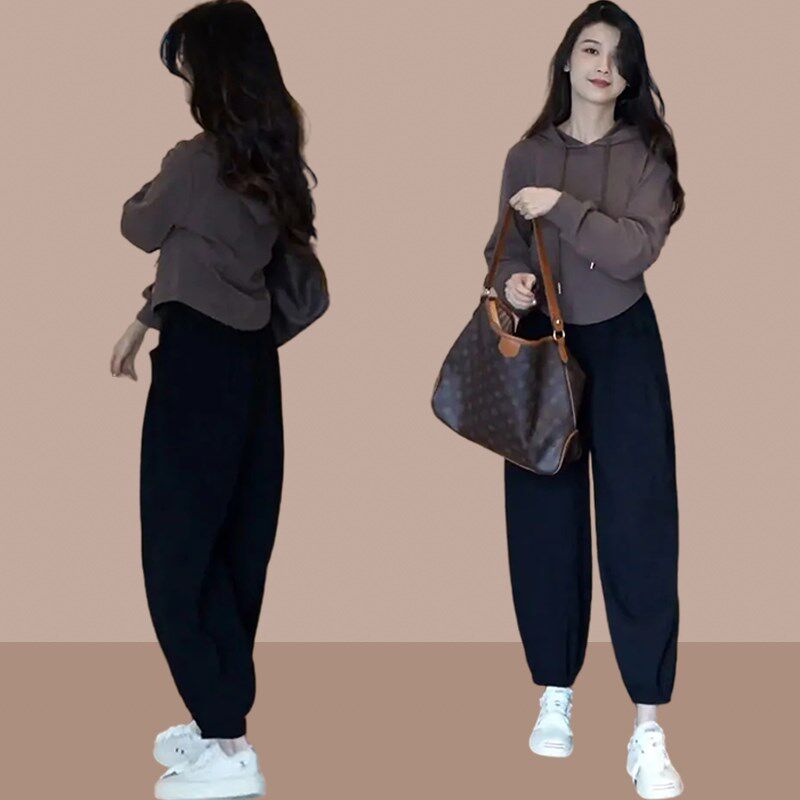 连帽短款休闲长袖卫衣女搭配阔腿裤女装春秋时尚套装小个子一整套