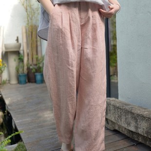 小个子休闲裤 2023亚麻阔腿灯笼萝卜裤 子女夏棉麻九分粉色凉凉裤