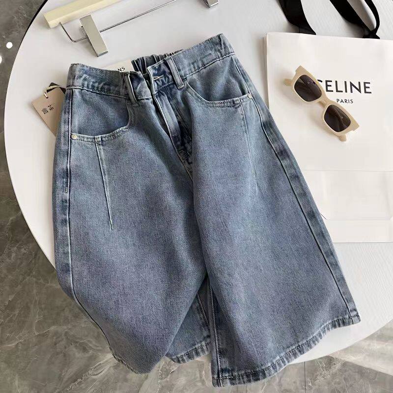 大码300斤休闲百搭牛仔五分裤男女夏季宽松高腰显瘦直筒阔腿短裤2