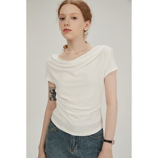 春也白 一字肩荡领短袖t恤女夏新款小众设计感修身显瘦露锁骨上衣