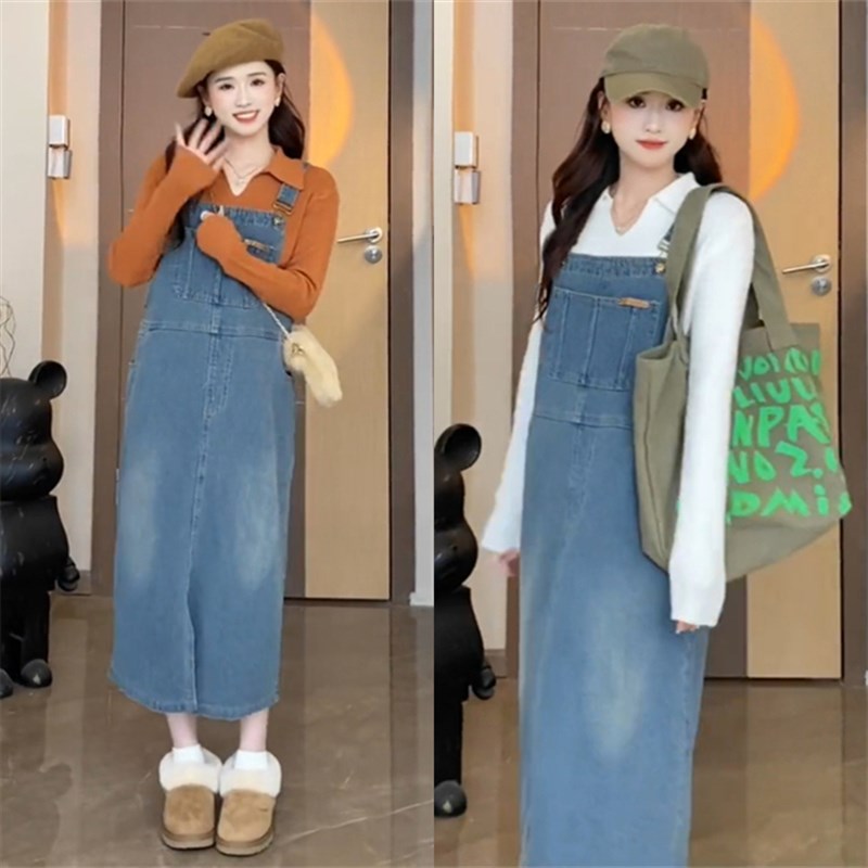 孕妇秋季套装长袖翻领上衣中长版牛仔抱婴袋裙L休闲2023新款气质