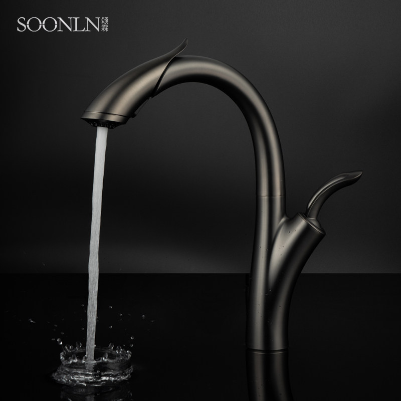 北欧黑色新品触碰感应厨房水龙头抽拉式拉伸水槽台上盘旋转龙头,家装主材,厨房龙头,淘宝优惠券,粉丝福利购,淘宝优惠卷