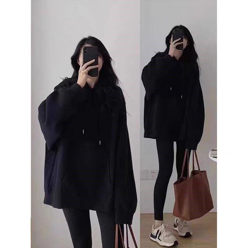 100%纯棉黑色连帽春秋薄款卫衣女秋冬新款爆款时尚宽松中长款外套