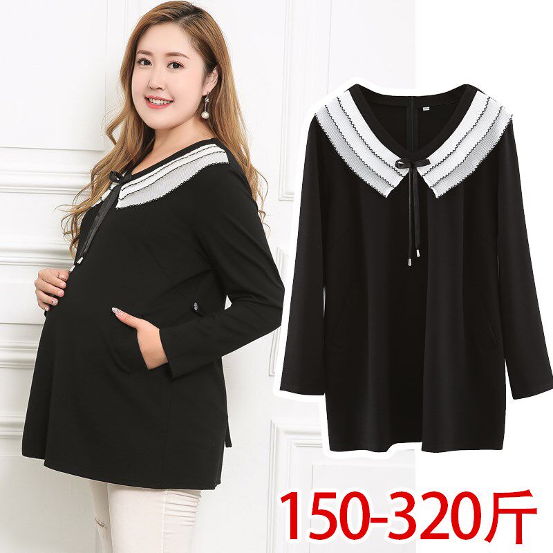 大码200斤孕妇装上衣春秋薄款外穿宽松I长袖打底衫加肥加大胖mm女
