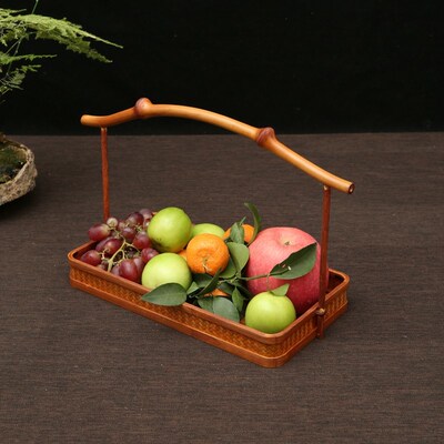 手工大漆竹编藤编筇竹把手长方形圆形管帽提篮果篮