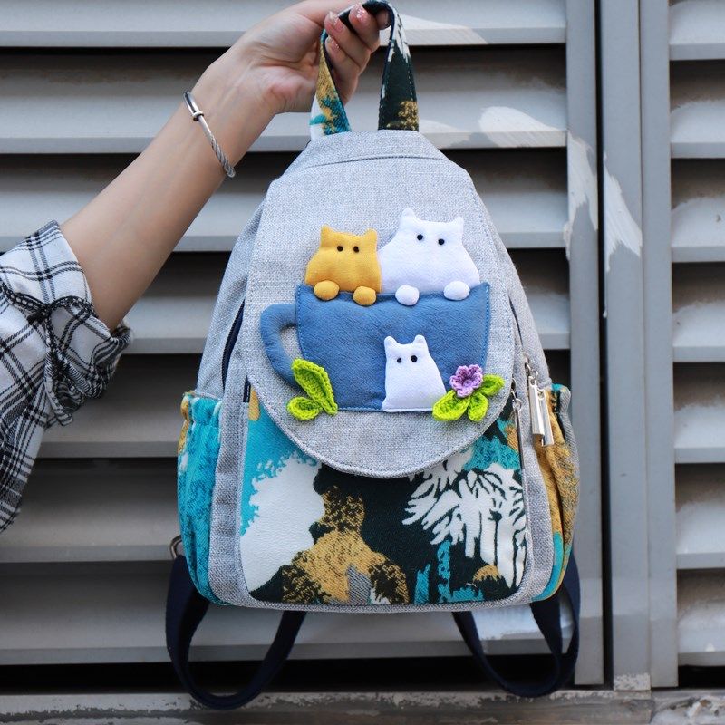 文创小众设计手工帆布包小清新立体可H爱猫咪多夹层个性超轻双肩,箱包皮具/热销女包/男包,通用款女包,淘宝优惠券,粉丝福利购,淘宝优惠卷