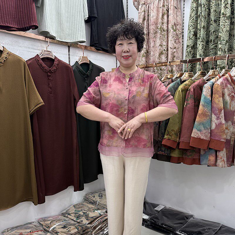 【推荐款b】妈妈夏装民族风流行花色t恤衫女宽松奶奶衬衣开衫中袖