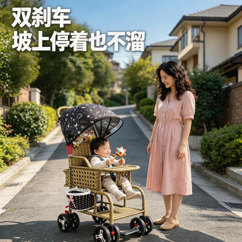 防溜坡双刹车藤编婴儿推t车可躺可坐夏季透气宝宝外出轻便手推车