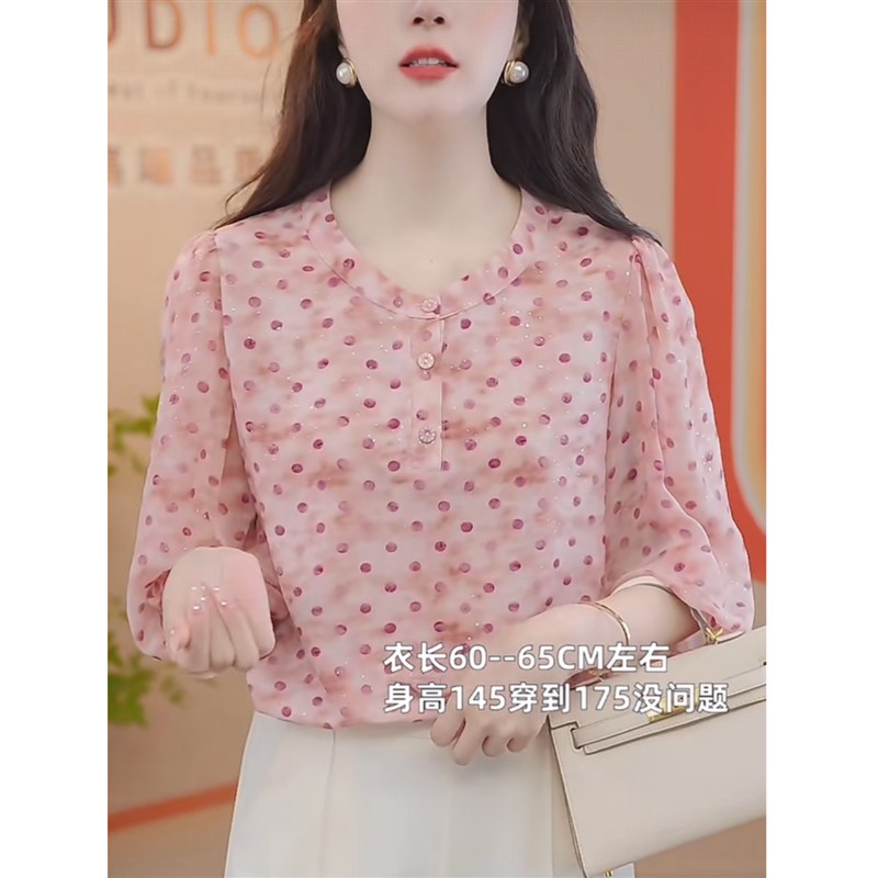 夏季新款洋派轻薄k透气妈妈装七分袖衬衣2025气质圆领波点印花小