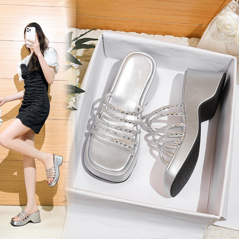 水钻凉鞋女款202l5夏季新款高跟鞋外穿厚底仙女风百搭坡跟凉拖鞋