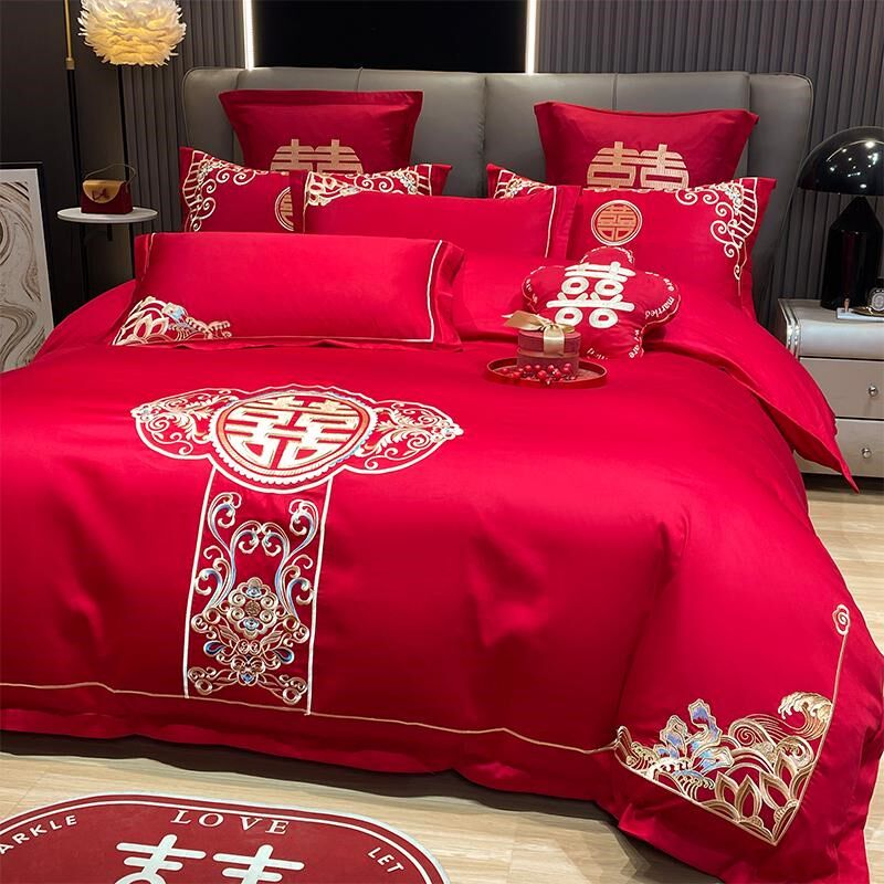 婚庆四件套大红中式龙凤刺绣新结婚陪嫁六件床单被Z套床上用品,床上用品,婚庆床品套件,淘宝优惠券,粉丝福利购,淘宝优惠卷