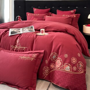 结婚纯棉磨毛四件套婚床上用品秋冬婚庆大红色喜被套女.方陪嫁床