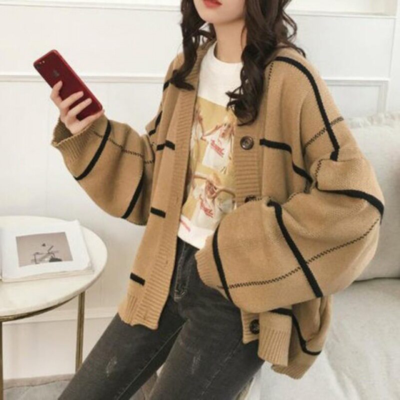 港味慵懒风毛衣外套女2024秋冬款韩版复古格子宽松中长款针织开衫