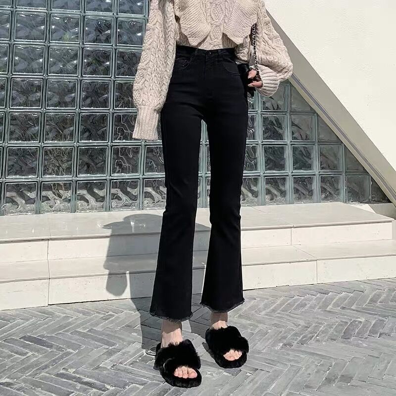黑色微喇叭牛仔裤女九分春秋新款高腰显瘦直筒宽松小个子八分
