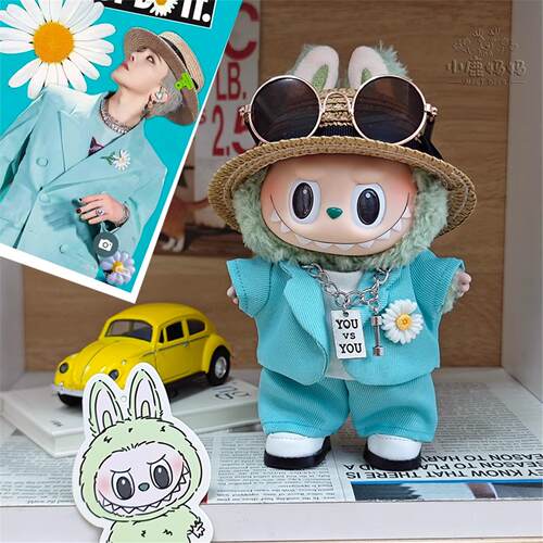 手作17cm权志龙拉布布娃衣GD同款搪胶马卡龙LABUBU衣服薄荷绿西装