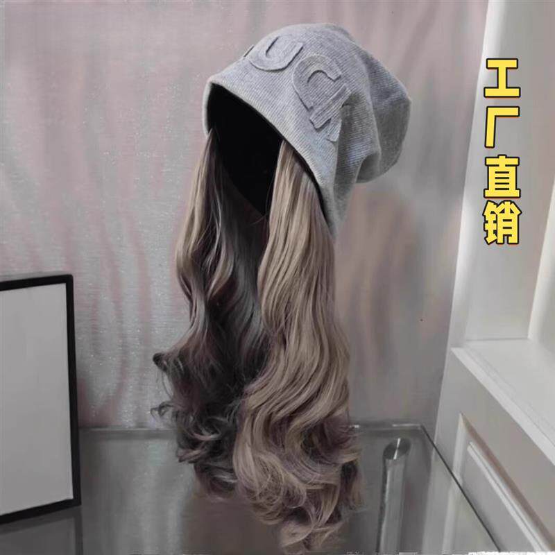 大头围假发帽子一体可拆卸灰色冷帽女秋冬堆堆帽护耳包头大尺码帽