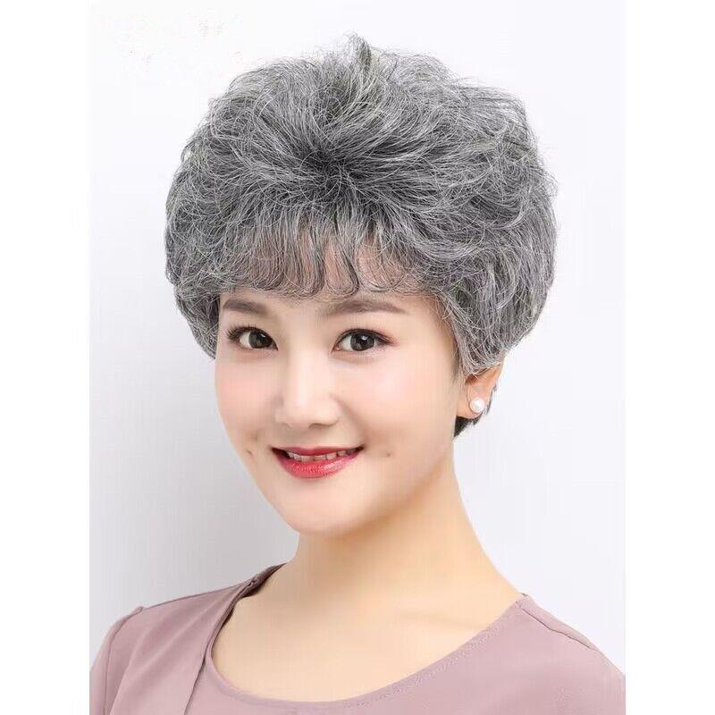 中老年奶奶灰白假发蓬松花白色老人全头套白色老太太舞台假发套女