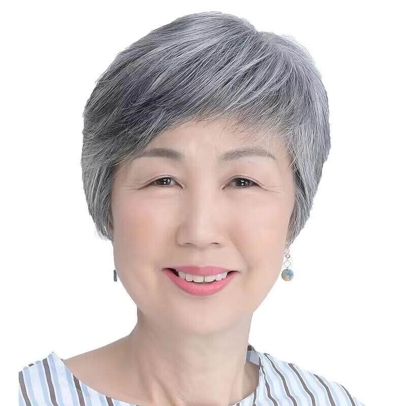中老年人花白表演假发套老太太短发女妈妈彷真发丝白发帽奶奶最爱