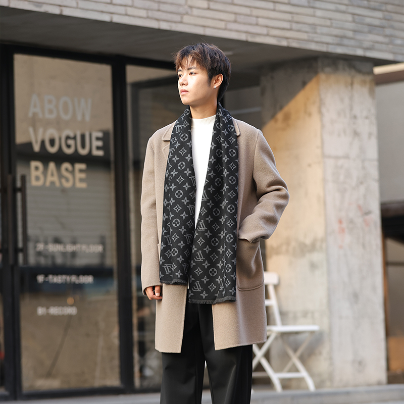 秋冬季高档男士围巾保暖百搭简约羊绒围脖礼物礼盒装高端潮流双面