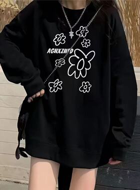 AE黑色圆领卫衣女秋冬印花新款加绒款薄款学院风潮牌宽松上衣
