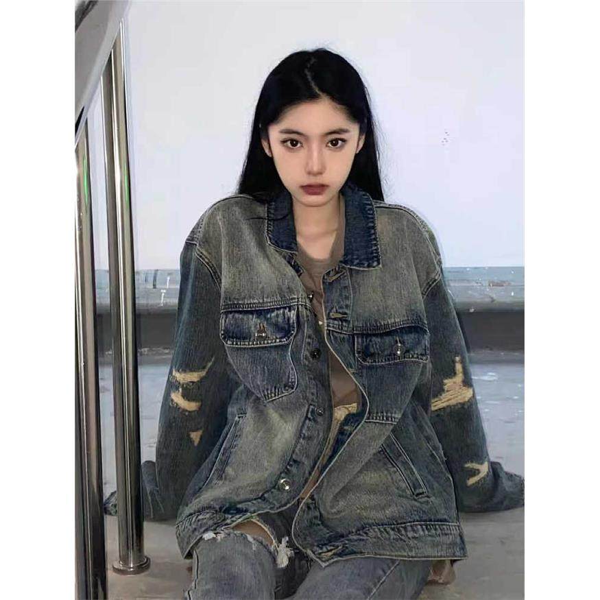 AE复古破洞牛仔外套女年春秋新款港味做旧水洗宽松百搭夹克上衣,男装,牛仔外套,淘宝优惠券,粉丝福利购,淘宝优惠卷