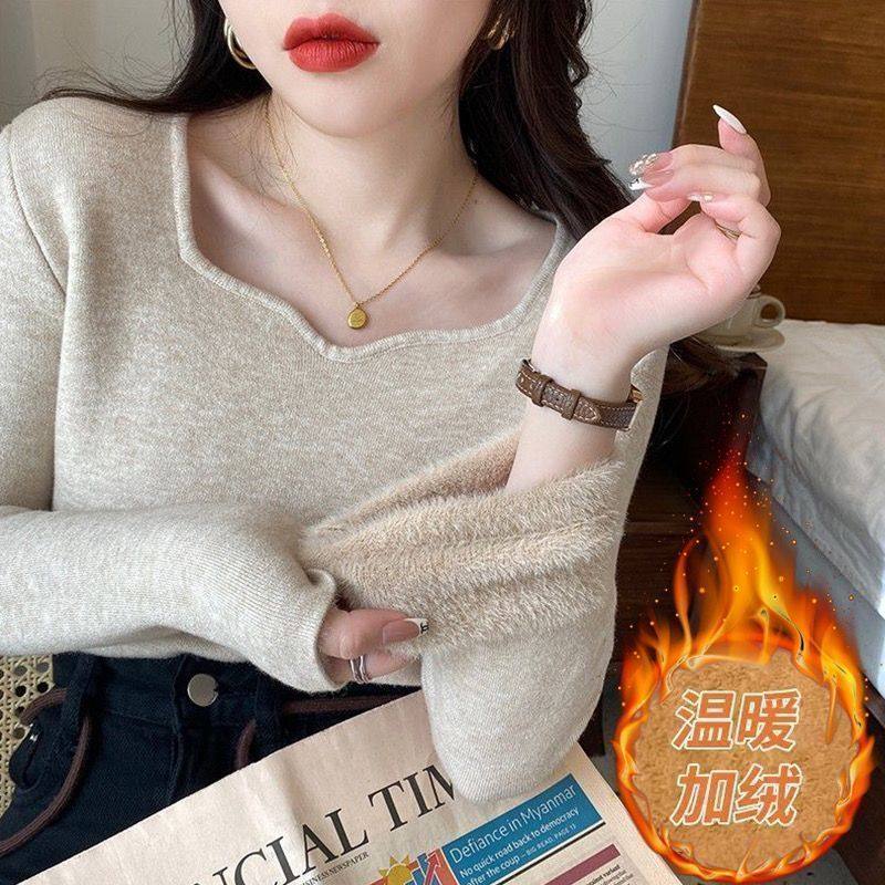 AE加绒加厚针织衫内搭保暖毛衣女冬季新款低领一体绒洋气打底衫