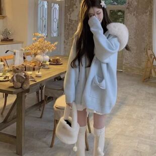 AE洋气秋冬款大毛领加厚保暖甜美超好看毛衣针织开衫女外套慵懒风