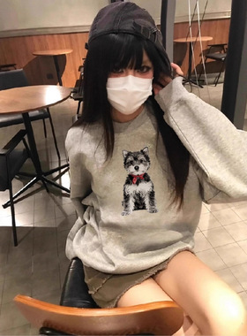 AE灰色加绒加厚圆领卫衣女秋冬新款休闲宽松套头长袖上衣ins潮