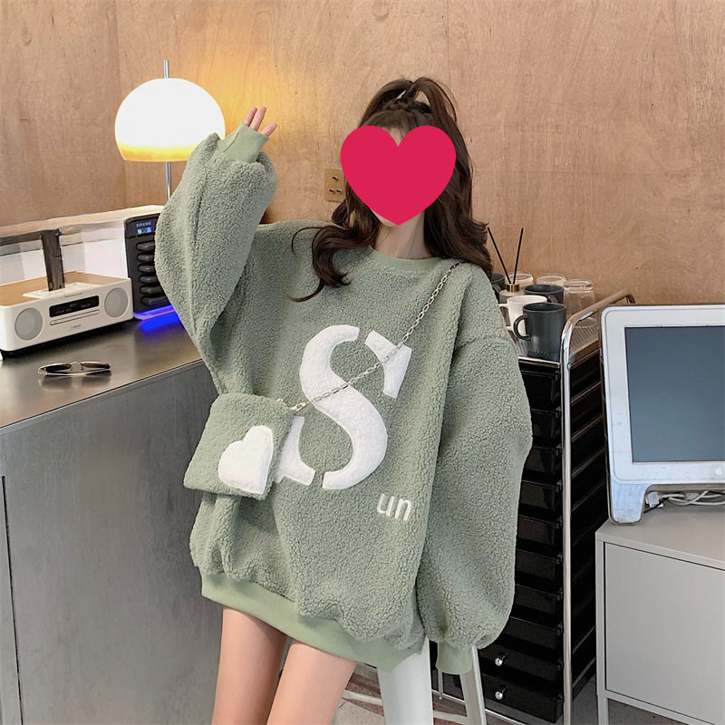 AE新款秋冬季卫衣女加绒加厚慵懒风中长款羊羔毛绒oversize上衣