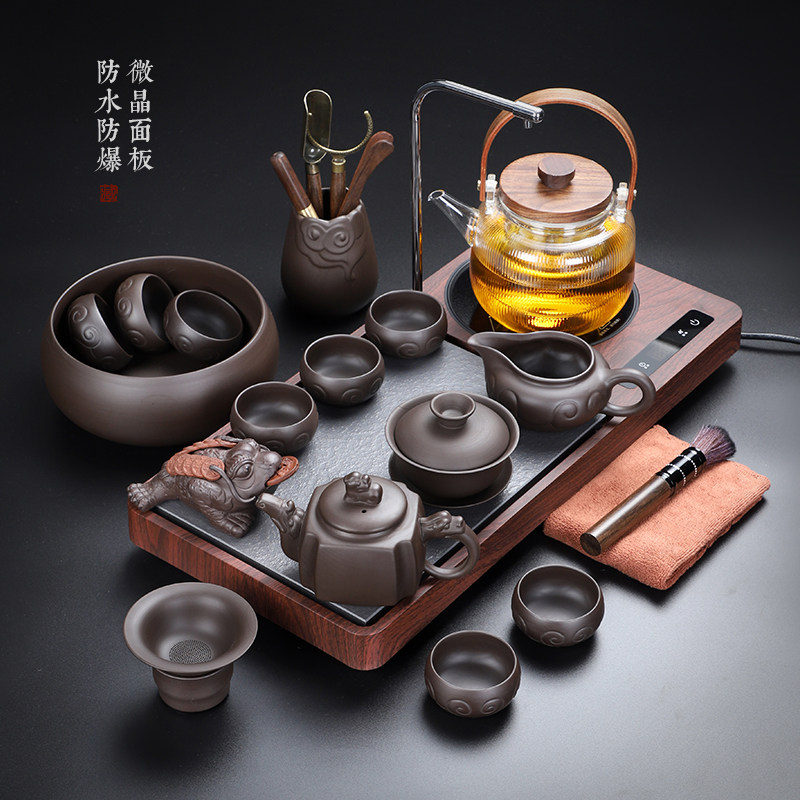 陶福气 紫砂茶具套装 家用玻璃煮水壶 自动上水煮茶泡茶一体茶盘