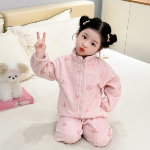2025新款 儿童睡衣秋冬季 雪粒绒加厚女宝卡通蝴蝶结女孩家居服套装