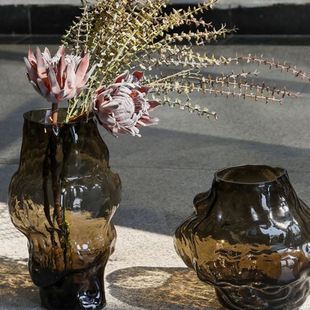 美式 饰品 复古咖色异形玻璃花 客厅卧室桌面摆放插花花器家居装