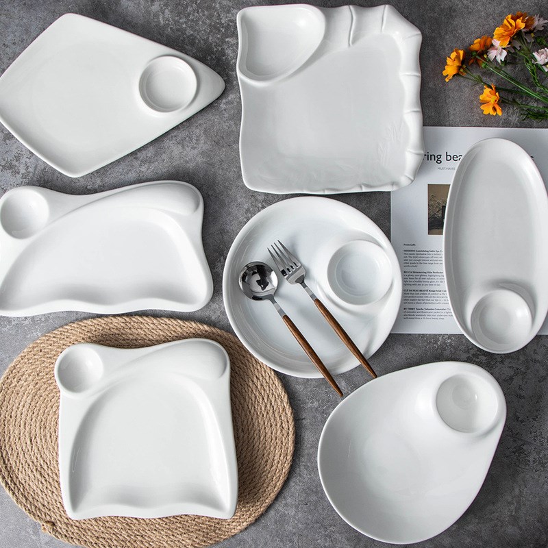 一体蘸料盘纯白陶瓷有格盘带格子酱料饺子盘寿司刺身盘分隔陶瓷盘