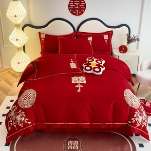 大红色婚庆床上四件套结婚房喜被亲肤棉龙凤刺绣被套婚嫁妆礼床单