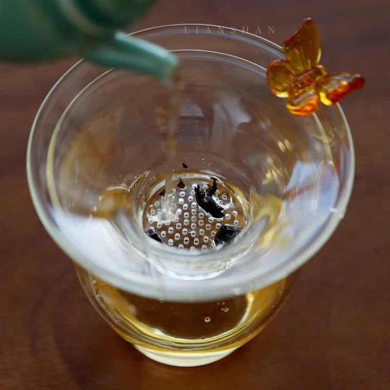 日式蝴蝶激光打孔全玻璃一体滤网玻璃茶漏茶滤底座茶隔滤茶器