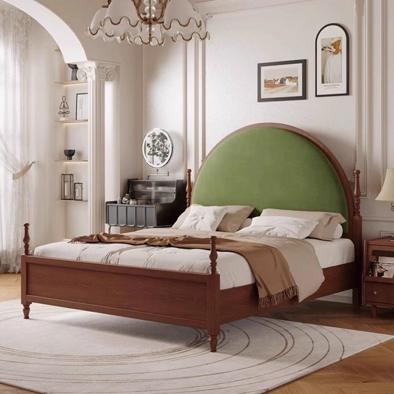 法式复古黑色实木床主卧1.8m双人床美式婚床中古高箱储物软包床