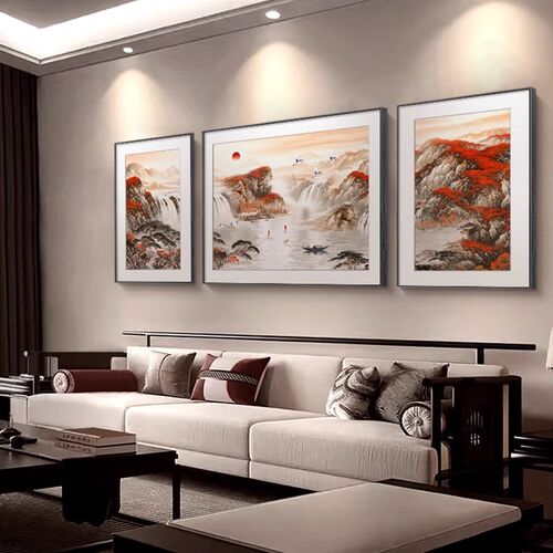 山水画客厅装饰画新中式靠山图三联画组合壁画禅意沙发背景墙挂画