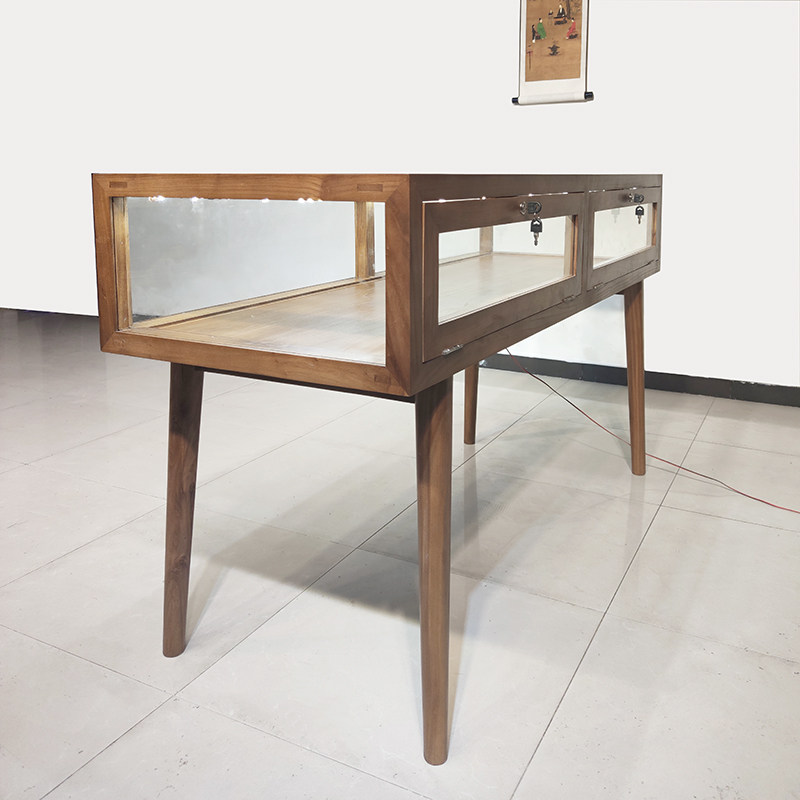 新中式实木珠宝玻璃柜台首饰品展示柜带灯光定做精品文玩玉器货柜