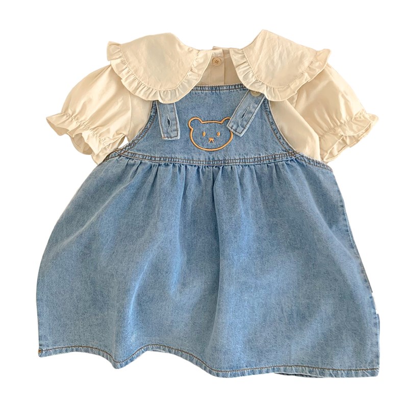 女宝牛仔背带裙套装夏季女童衣服夏装洋气连衣裙短袖裙连衣裙
