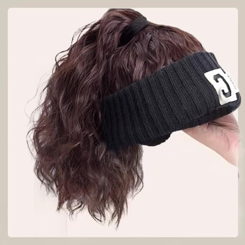 假发帽子女秋冬新款束发带空顶帽高马尾一体时尚自然短卷发全头套
