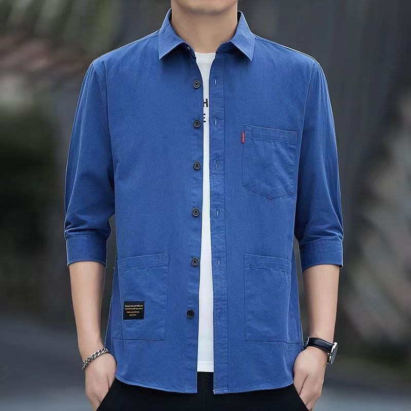 纯棉七分袖男衬衫夏季薄款中袖多口袋工装衬衣男士休闲短袖外套潮
