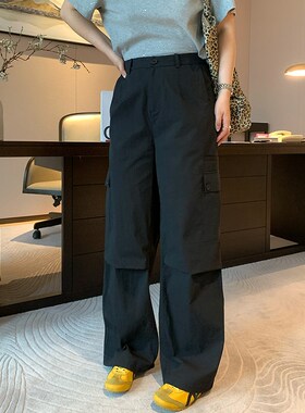 NAZ那子大码春季高腰宽松直筒黑色工装裤胖mm时尚松弛感阔腿裤