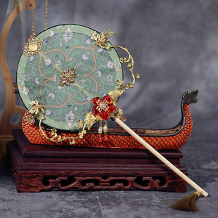 春季新款踏青汉服复古风中国风潮宫形流苏双层镂空团扇长柄圆扇子