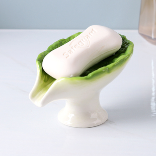 创意陶瓷招财白菜肥皂盒沥水家用免打孔化妆室洗手台置物架香皂盒