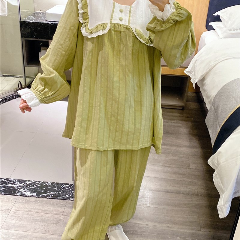 甜美可爱宫廷公主风睡衣女秋纯棉大花边家居服大码胖mm200斤套装