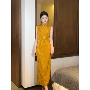 故双栖【见信如晤】日常新中式无袖复古旗袍金黄色订婚敬酒服晨袍