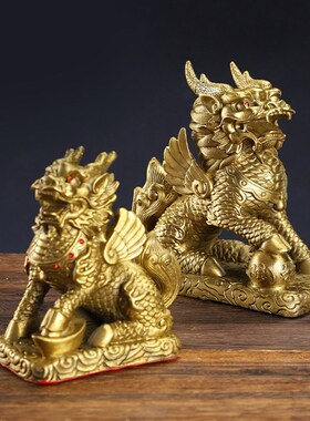 铜麒麟摆件一对门口麒麟公母铜器家用化解镇宅招财八卦客厅办公室