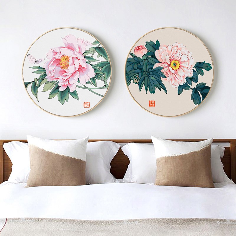 轻奢新中式圆形数字油画diy油彩画花卉花鸟牡丹花客厅卧室装饰画图片