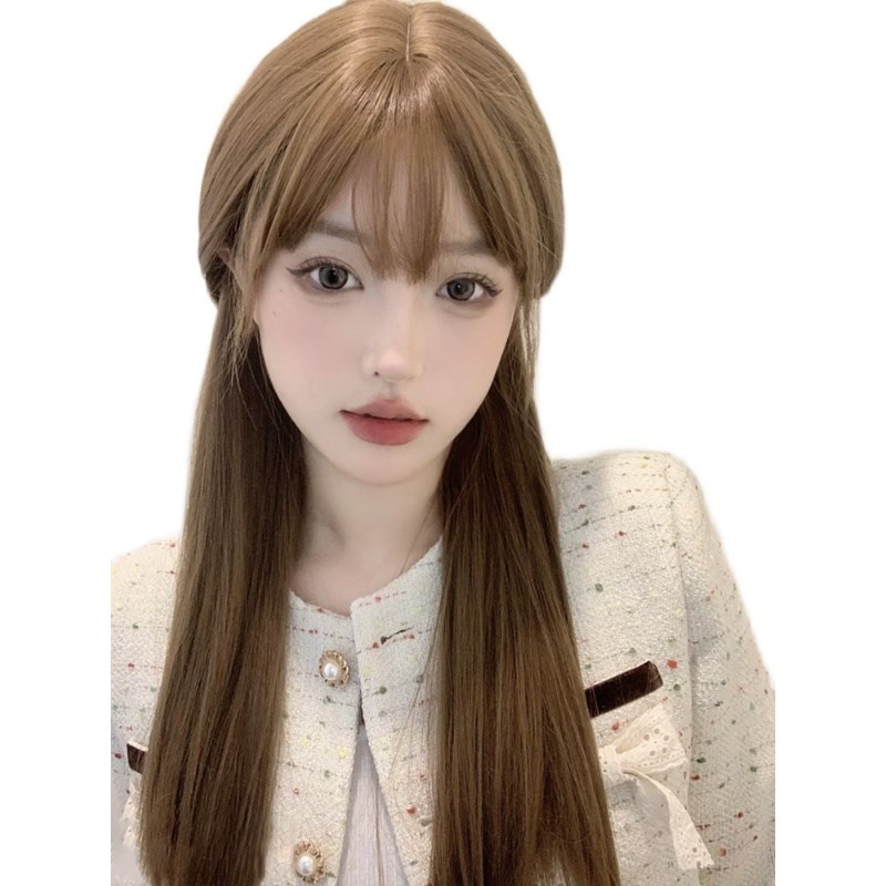 假发女长发夏季长直发香槟时尚色自然显白网红lolita圆脸全头套式